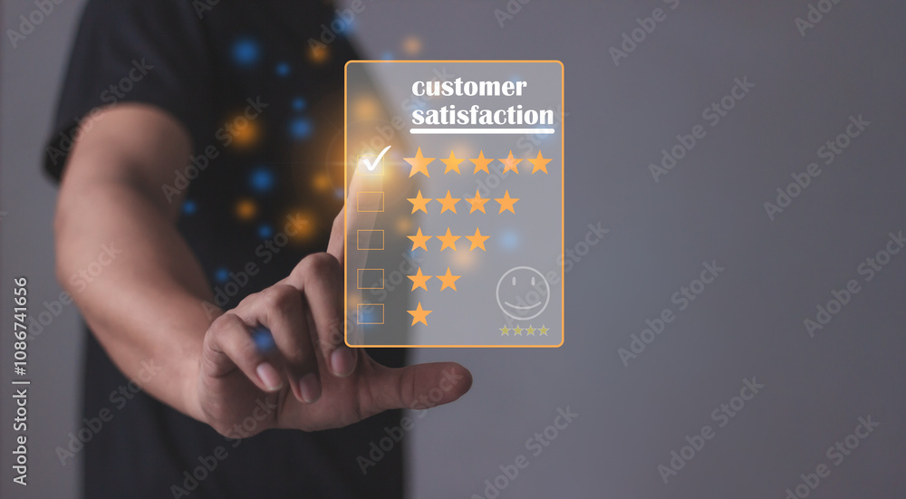 Customer Satisfaction, Young Man hand touching five star to review and give 5 stars with very good results in service, Good review 5 star rating choice feedback Customer Satisfaction, Young Man hand touching five star to review and give 5 stars with very good results in service, Good review 5 star rating choice feedback