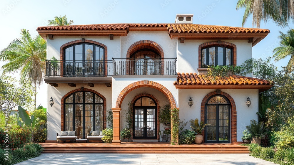 3D model of a Mediterranean villa with terracotta tiles and a detailed balcony, isolated on a white background. 3D model of a Mediterranean villa with terracotta tiles and a detailed balcony, isolated on a white background.