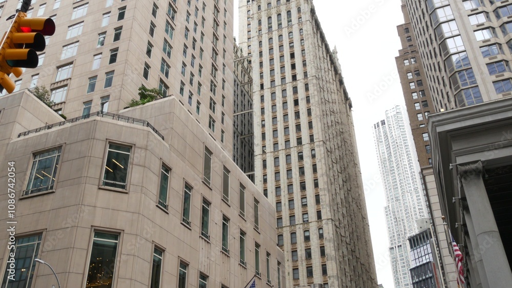 Fototapeta premium New York City Lower Manhattan, Downtown Financial District street architecture, United States. High-rise skyscrapers, residential and office buildings, american real estate or USA realty. FiDi towers.