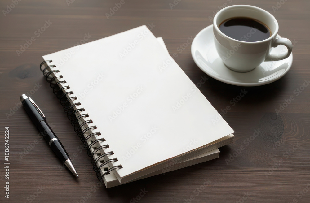empty notebook with cup of coffee and stylish pen empty notebook with cup of coffee and stylish pen