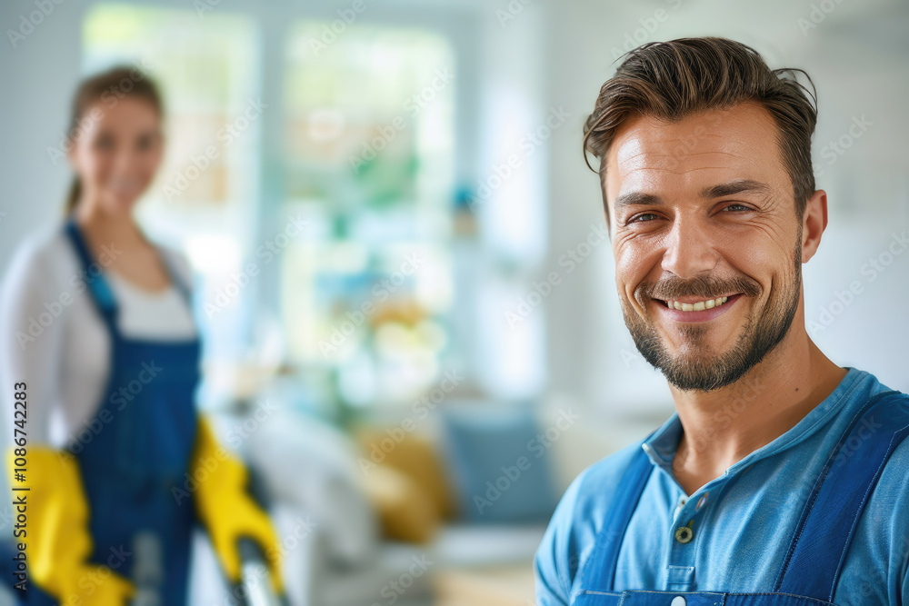 cheerful young man in a denim shirt with a female cleaner in the background wearing yellow gloves and a blue apron. Highlighting teamwork and professional cleaning service efficiency cheerful young man in a denim shirt with a female cleaner in the background wearing yellow gloves and a blue apron. Highlighting teamwork and professional cleaning service efficiency