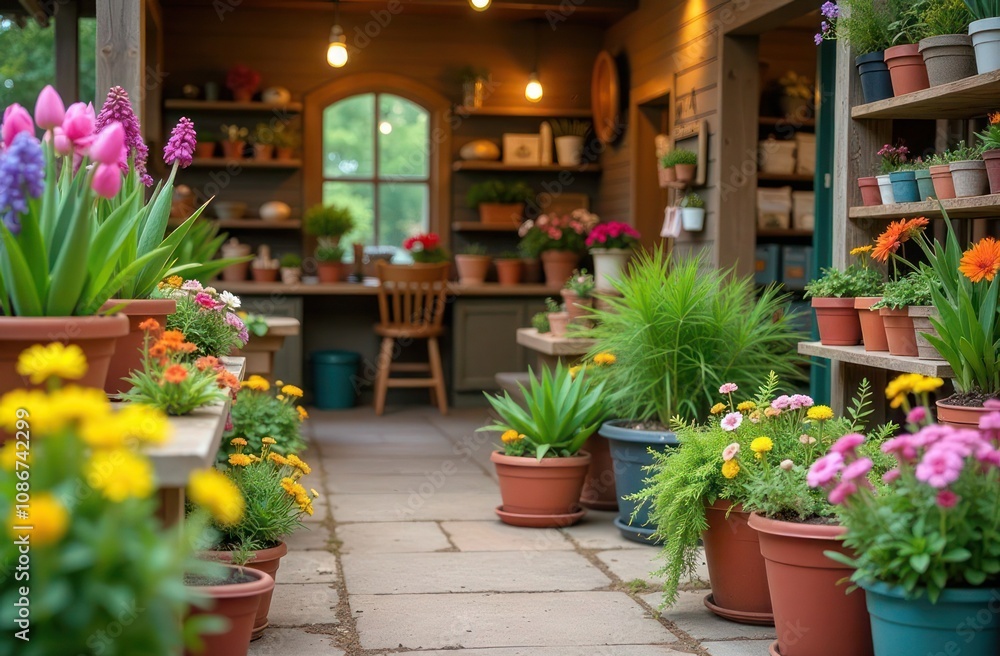 rural garden center with colorful potted flowers and plants on wooden shelves rural garden center with colorful potted flowers and plants on wooden shelves
