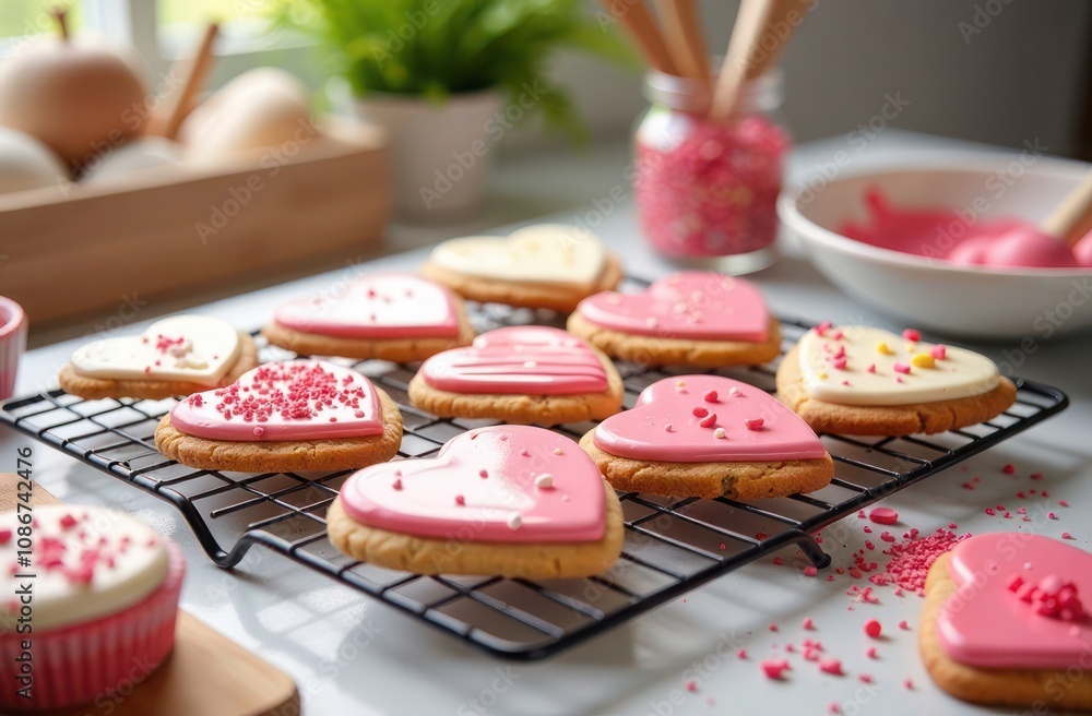 Homemade heart shaped cookies on a rack near a sunny window Homemade heart shaped cookies on a rack near a sunny window