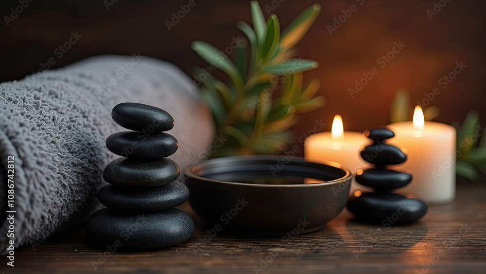 Obraz premium Relaxing Spa Setting With Stacked Stones, Candles, and a Bowl of Oil on a Wooden Table Surrounded by Soft Towels and Greenery