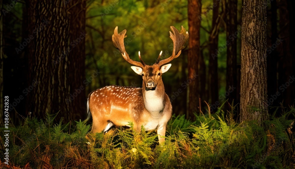 Fototapeta premium Fallow deer in the forest at sunset. Selective focus. 