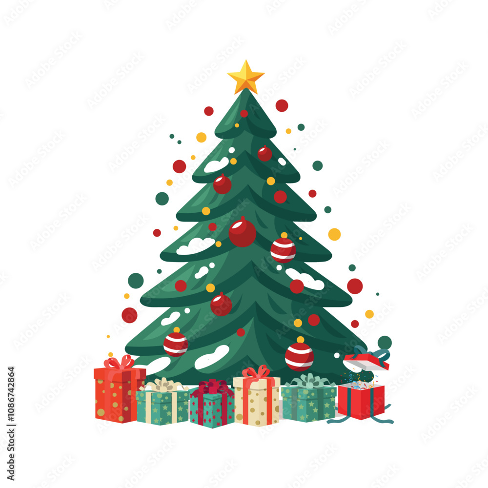Naklejka premium Beautifully decorated Christmas tree with gift box vector, Christmas pint tree gift box vector illustration