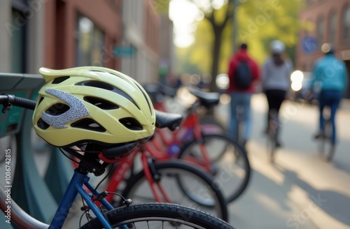 Close-up of a bicycle helmet against a blurred bike rental station photo