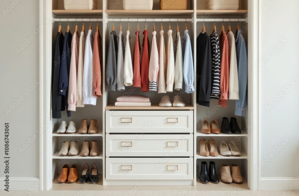 well-organized white closet with neatly arranged clothes, shoes, and labeled storage boxes, creating a clean and minimalist interior space well-organized white closet with neatly arranged clothes, shoes, and labeled storage boxes, creating a clean and minimalist interior space
