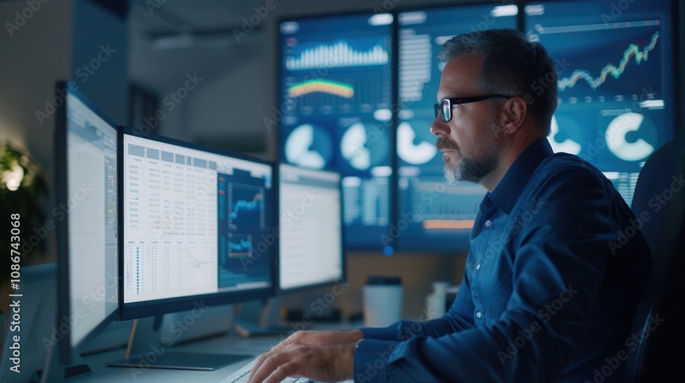 Financial analyst working late in a modern office, analyzing charts and data on multiple screens, symbolizing market analysis, finance, and dedication. Financial analyst working late in a modern office, analyzing charts and data on multiple screens, symbolizing market analysis, finance, and dedication.