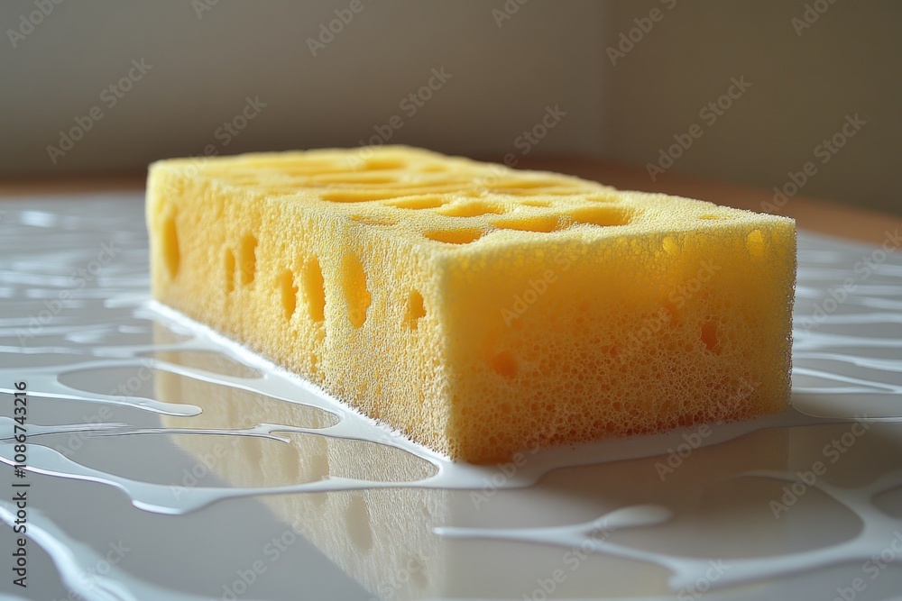 Yellow sponge on wet surface with reflective light patterns in a clean kitchen setting Yellow sponge on wet surface with reflective light patterns in a clean kitchen setting