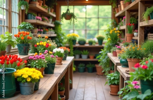 rural garden center with colorful potted flowers and plants on wooden shelves