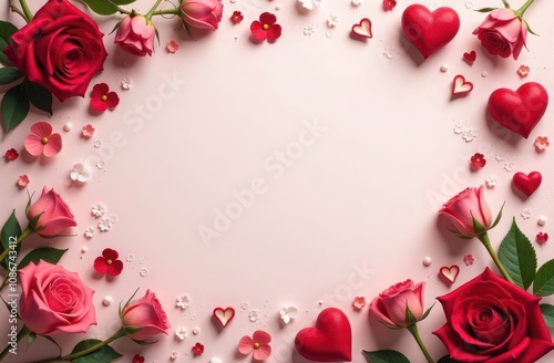 blank Valentine's Day template with an empty center, framed by red and pink hearts and floral decorations