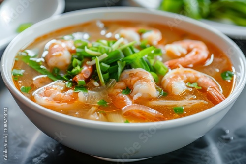 Hot Transparent Soup with Seafood in White Plate Isolated. Sour Spicy Bouillabaisse, Tom Yam, Miso