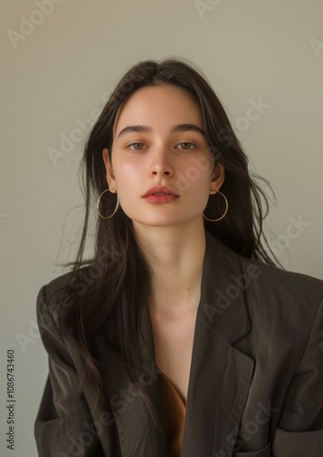 Portrait side latinx woman face volumetric blazer photo.