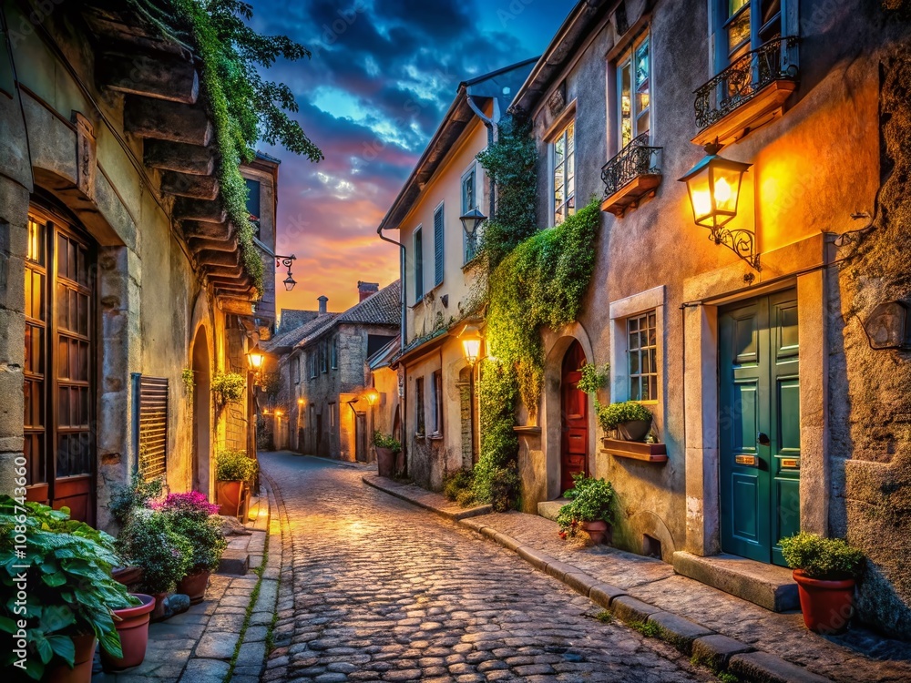 Atmospheric Low Light Photography of Old Houses and Urban Streets in the City at Dusk, Capturing Historic Charm and Urban Life in Dimly Lit Settings Atmospheric Low Light Photography of Old Houses and Urban Streets in the City at Dusk, Capturing Historic Charm and Urban Life in Dimly Lit Settings