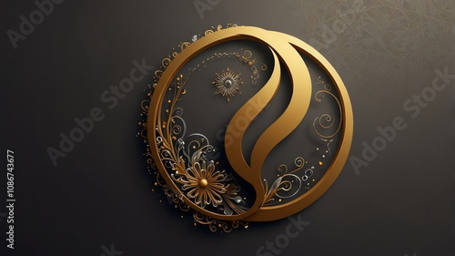 a gold and silver circle with a floral design on it.