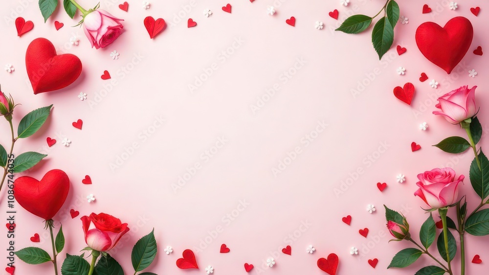 blank Valentine's Day template with an empty center, framed by red and pink hearts and floral decorations blank Valentine's Day template with an empty center, framed by red and pink hearts and floral decorations