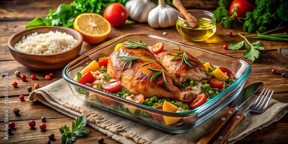 Baked Chicken with Basmati Rice and Colorful Vegetables in a Glass Dish Perfectly Presented for a Gourmet Meal or Family Dinner Experience Baked Chicken with Basmati Rice and Colorful Vegetables in a Glass Dish Perfectly Presented for a Gourmet Meal or Family Dinner Experience