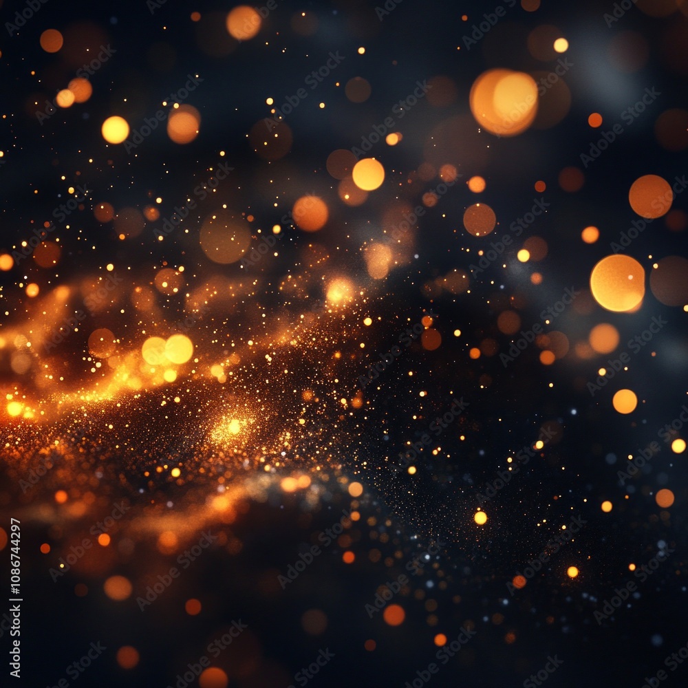 Fototapeta premium Abstract golden particles flowing and creating a magical bokeh effect on a dark background, perfect for luxury, festive, or technology related projects