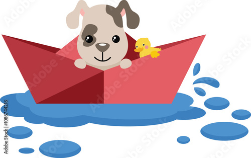 Cute dog inside origami paper boat