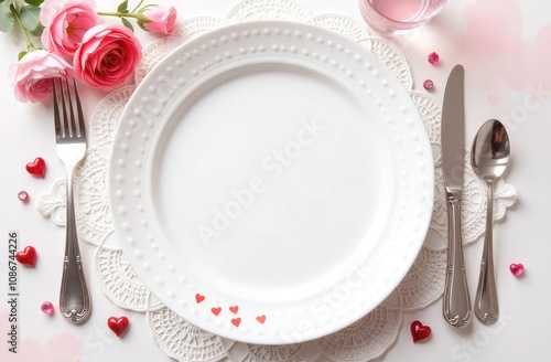 Elegant Valentine's day table setting with a white plate. Romantic dining ambiance