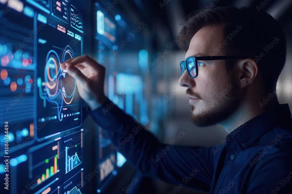 Side profile of a focused analyst using an interactive digital screen to manipulate complex data visualizations, representing advanced data analysis. Side profile of a focused analyst using an interactive digital screen to manipulate complex data visualizations, representing advanced data analysis.