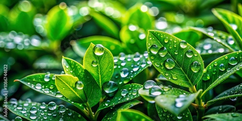 Beautiful Landscape Photography Featuring Raindrops on Leaves, Capturing Nature's Serenity and Vibrancy in a Lush Green Environment with Soft Light and Gentle Reflections photo