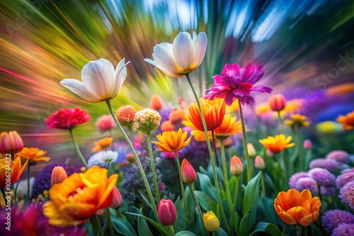 Beautiful Long Exposure Image of a Colorful Garden Flower Arrangement with Blurred Motion Effects Capturing Nature's Serenity and Vibrancy in a Stunning Display