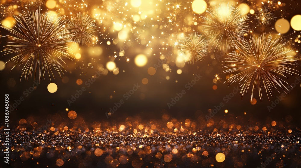 Fototapeta premium golden festive fireworks in the night sky. New Year's fireworks in the city