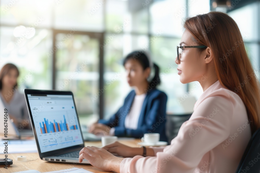 A focused female professional analyzing bar chart data on a laptop in a bright, modern office environment, with colleagues working in the background. A focused female professional analyzing bar chart data on a laptop in a bright, modern office environment, with colleagues working in the background.
