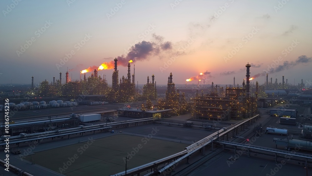 Oil Refinery at Sunset With Flames and Smoke Rising Into the Sky Over Industrial Landscape Oil Refinery at Sunset With Flames and Smoke Rising Into the Sky Over Industrial Landscape
