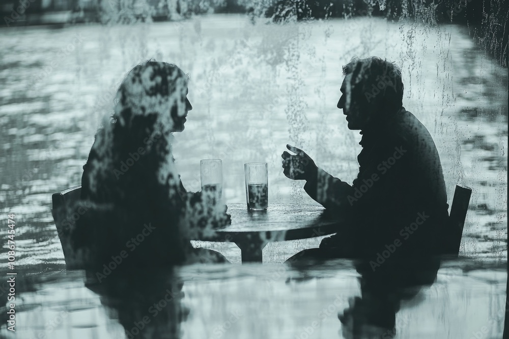 Silhouetted conversation behind waterfall in tranquil setting Silhouetted conversation behind waterfall in tranquil setting