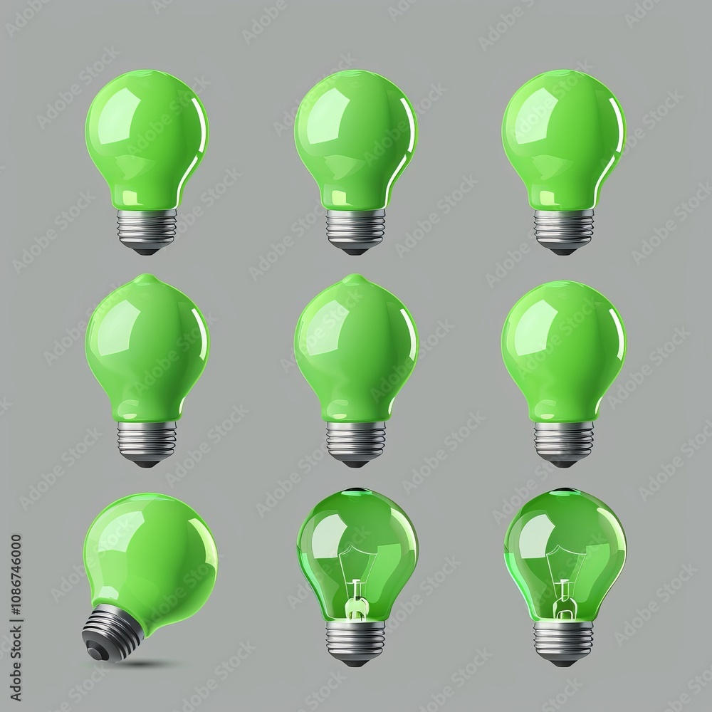 Green light bulbs, lamp icon set, lightbulbs isolated, render style minimal light bulbs, creativity idea Green light bulbs, lamp icon set, lightbulbs isolated, render style minimal light bulbs, creativity idea