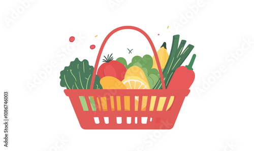 Minimalist Vector Shopping Basket with Fresh Fruits and Vegetables for Healthy Living Concepts