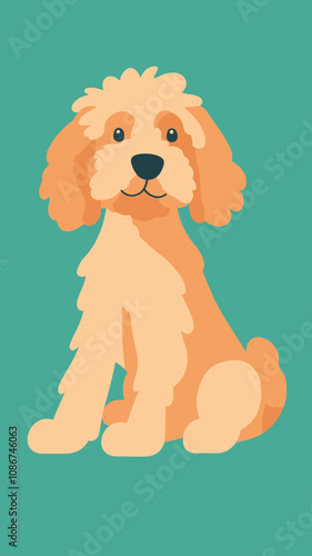Adorable Golden Doodle Dog Illustration in Cartoon Style on Teal Background