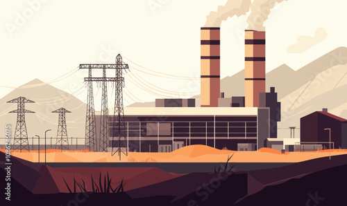 Minimalist Industrial Power Plant Vector Illustration with Smokestacks and Power Lines