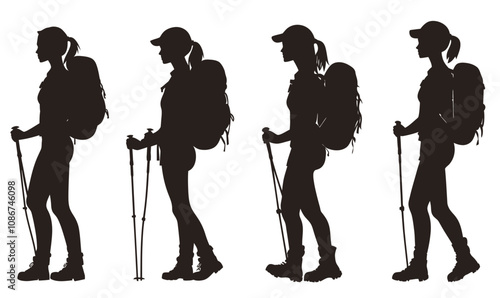 Silhouette of Female Hiker Walking with Backpack and Trekking Poles Minimalist Vector