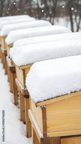Wallpaper Mural Serene winter landscape of honey bee hives blanketed in snow near a tranquil garden, capturing nature's beauty in stillness Torontodigital.ca