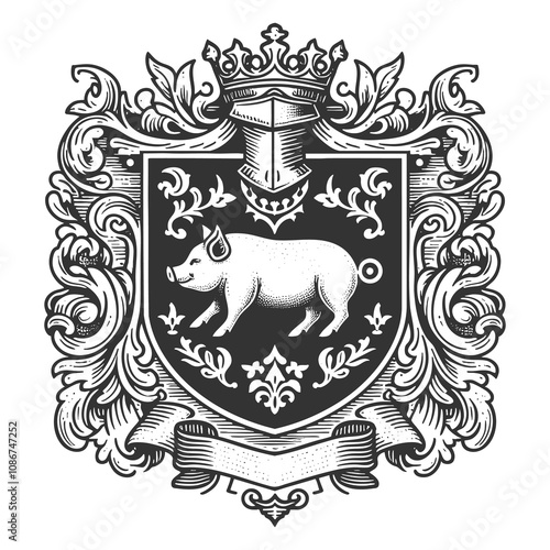 medieval coat of arms with boar, knight helmet, crossed swords, symbolizing strength and heritage sketch engraving generative ai raster illustration. Scratch board imitation. Black and white image. photo