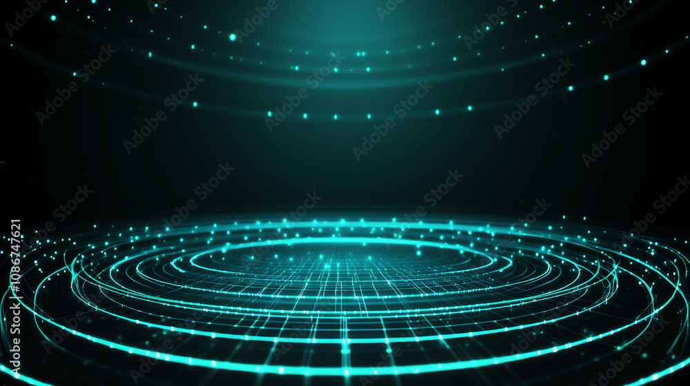 Futuristic digital background circular patterns and vibrant lights in dark environment.