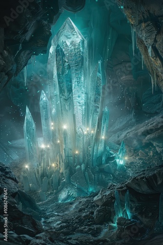 A mystical cave scene featuring large, glowing crystals surrounded by dark rock formations and luminescent plants.
