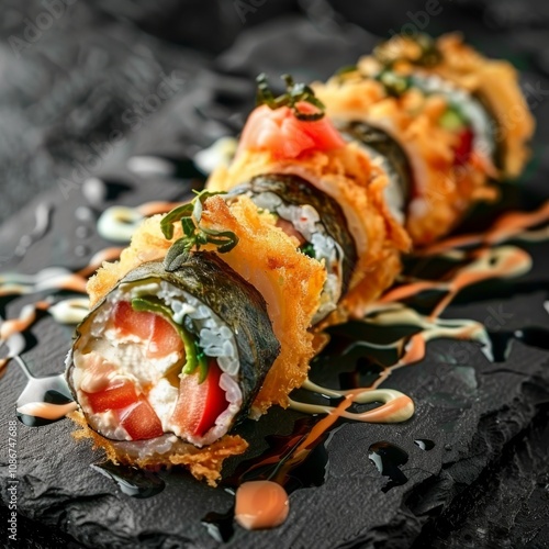 Crispy Ebi Tempura Maki Sushi Rolls, Deep Fried Uramaki Roll Set with Cream Cheese, King Prawns photo