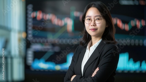 Professional young businesswoman with arms crossed, standing in front of financial charts, symbolizing confidence and data analysis skills.