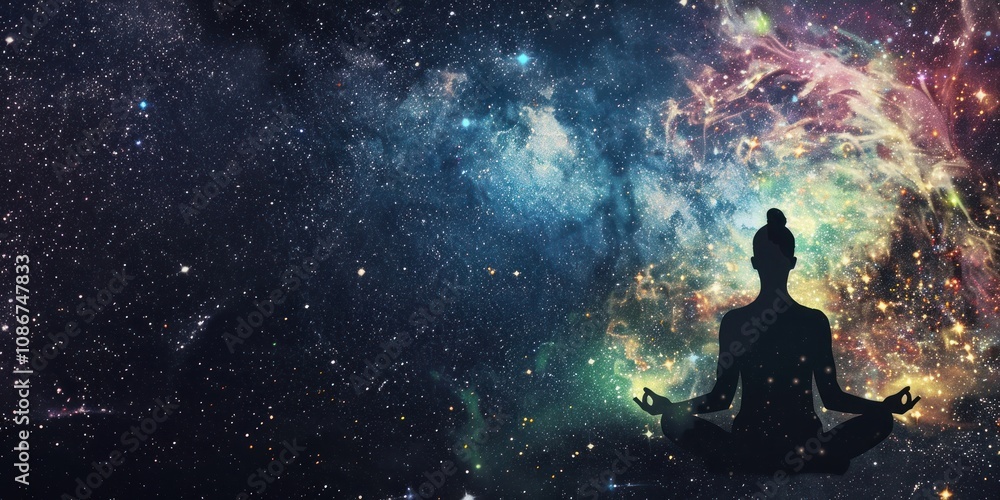 Silhouette woman doing meditation universe galaxy space. Silhouette woman doing meditation universe galaxy space.
