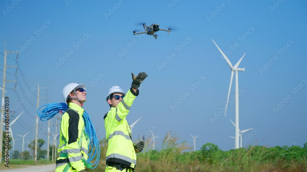 A professional engineer controls a drone while inspecting a towering wind turbine, highlighting modern technology in renewable energy maintenance. A professional engineer controls a drone while inspecting a towering wind turbine, highlighting modern technology in renewable energy maintenance.