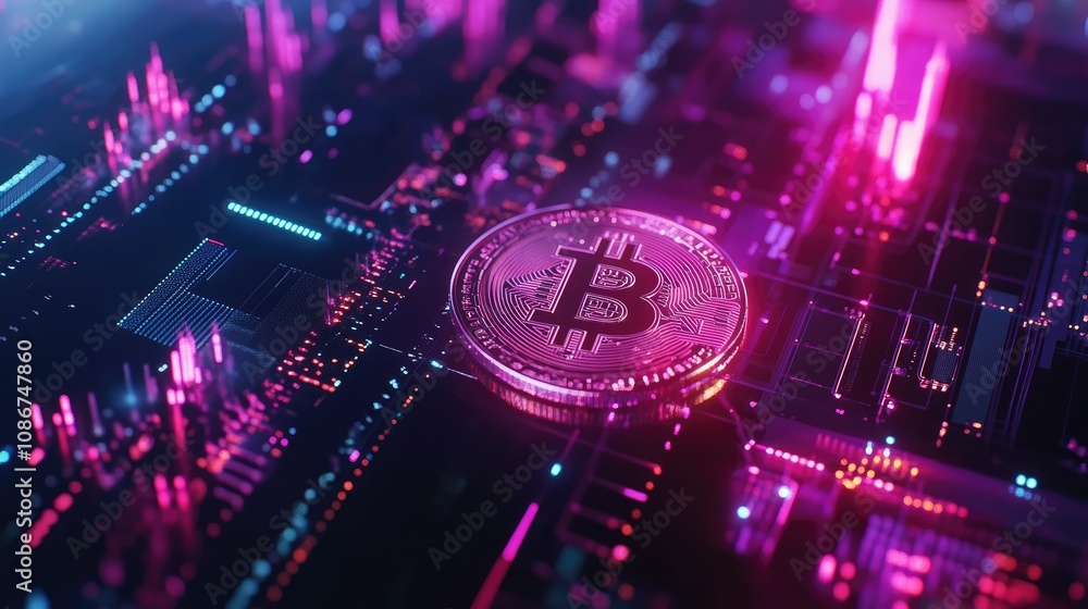 Obraz premium Futuristic Digital Cryptocurrency Concept Featuring Bitcoin Coin Surrounded by Vibrant Neon Lights and Technological Background in Purple and Blue Hues