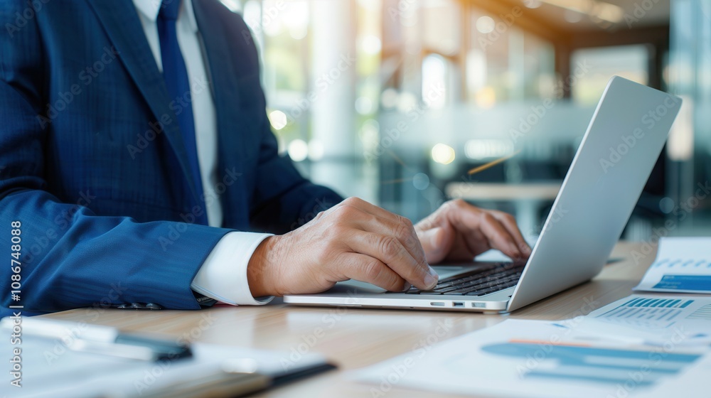 Close-up of a businessman in a blue suit typing on a laptop at an office desk with financial documents, representing business and productivity.