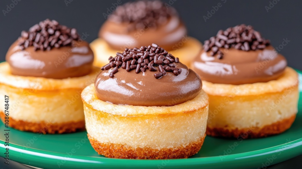 Delicious mini tartlets with creamy chocolate frosting and sprinkles on a vibrant emerald green plate amid a dark backdrop Delicious mini tartlets with creamy chocolate frosting and sprinkles on a vibrant emerald green plate amid a dark backdrop