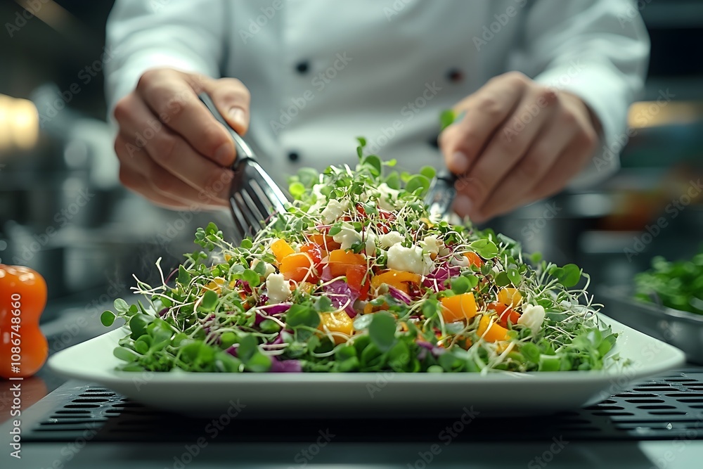 professional chef preparing a colorful dish in a minimalist kitchen. the chef expertly garnishes a vibrant salad with microgreens. professional chef preparing a colorful dish in a minimalist kitchen. the chef expertly garnishes a vibrant salad with microgreens.