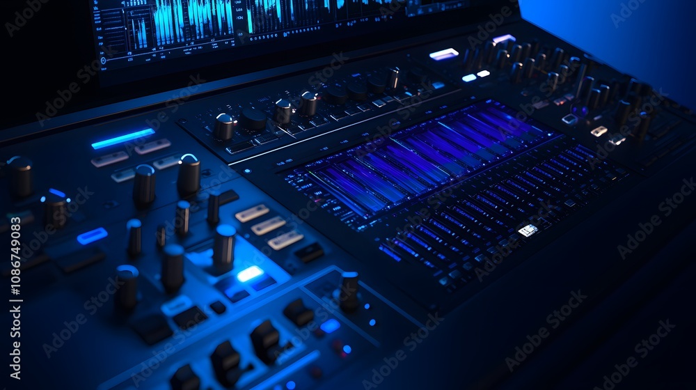 Close-up of a professional audio mixing console with blue lighting and digital display showing sound levels. Close-up of a professional audio mixing console with blue lighting and digital display showing sound levels.